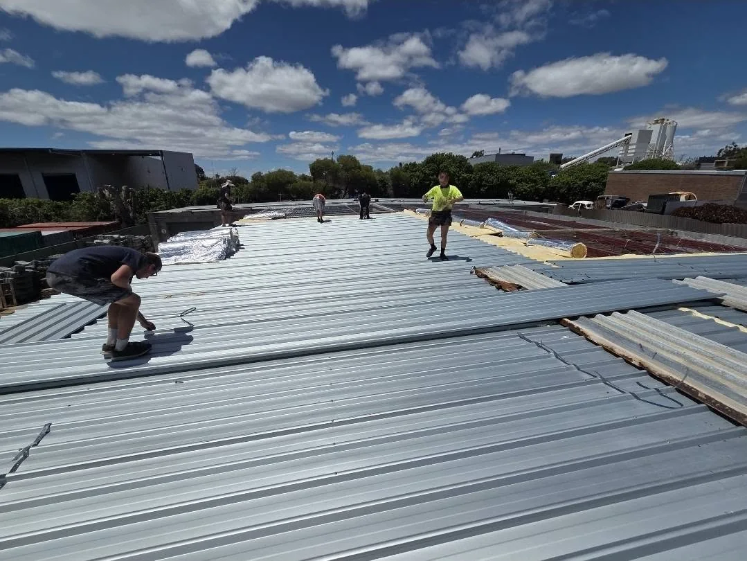 Crew laying new roof sheeting across the commercial building