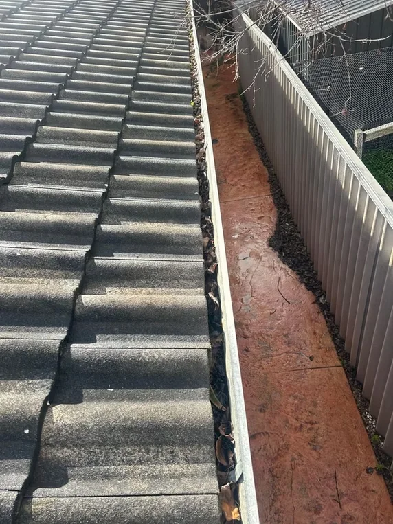 Gutter packed with built up debris and silt before a vacuum clean
